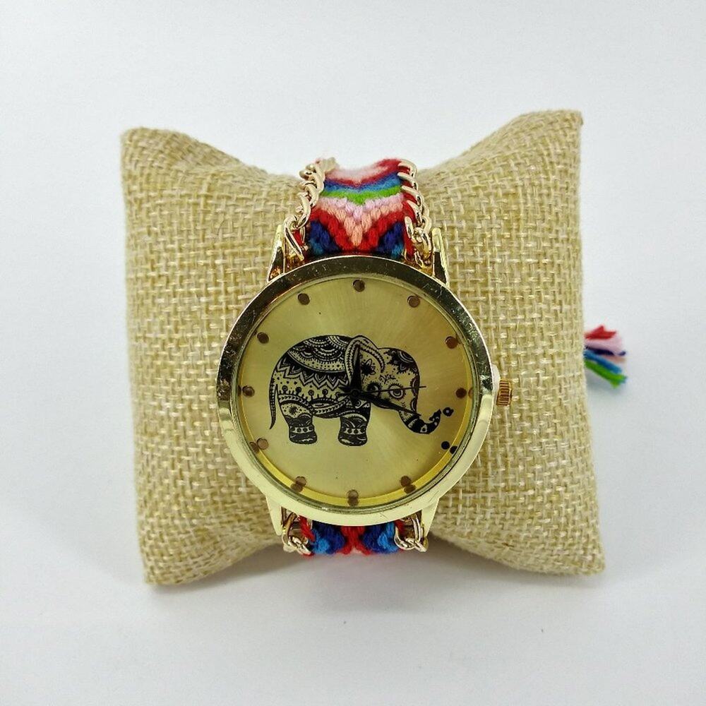 Women's Colorful Elephant Good luck Wristwatch Watch Pink Gold Tone Indian Style